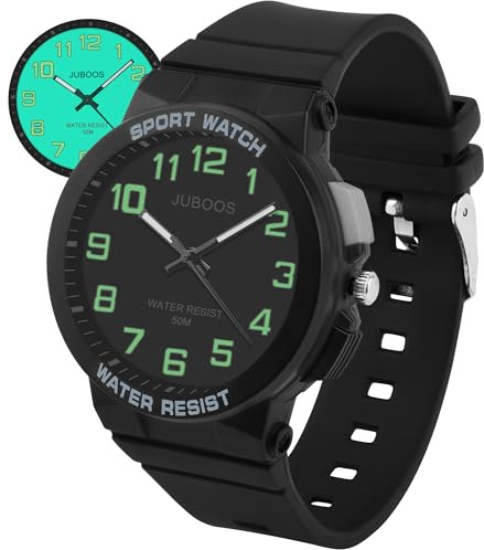 Juboos Kinderuhr Analog, 50m wasserdicht, Großes Acrylzifferblatt gut lesbar mit Vollbildlicht, Weiches Armband, für Kinder von 5 bis 16 Jahren, Hilft beim Uhrzeit Lernen