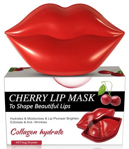20 Stück Lip Mask, Lippenmaske Pads, Lippen Maske, Anti-Aging Moisturizing Lip Pads, Collagen Lippe Schlafen Maske für Lippenpflege, Geeignet für Trocken & Rissige Lippen (Kirsche)