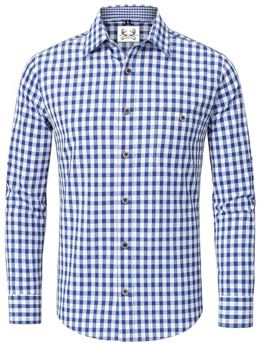 Trachtenhemd Herren Kurzarm Oktoberfest Baumwolle Trachten Hemd Langarm | Oktoberfest Herren Outfit Karohemd Modern Kariert Slim Fit Freizeithemd Blau Blau Rot Grün