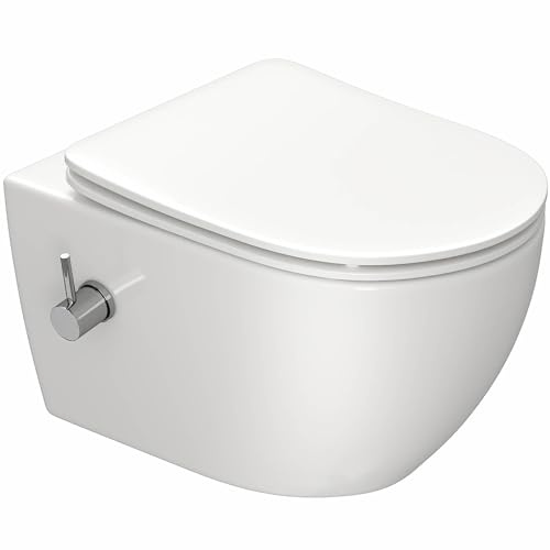 Dusch WC mit Integrierter Düse, Hänge WC mit Bidet Funktion, Taharet WC mit Nanobeschichtung, WC Dusche mit Armatur, WC Sitz mit Absenkautomatik, 53×36×35 cm, Nur kaltes Wasser