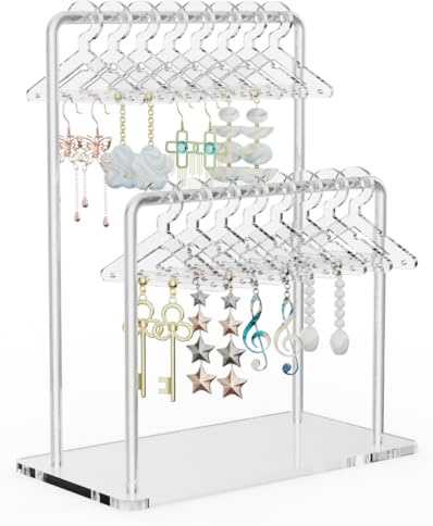 NiHome Transparenter Acryl-Ohrring-Organizer Ohrringständer Ohrringhalter für Geschäft, Ausstellung – Spiegel-Finish, 2-stöckiges Display für 48 Paar, 16 Mini-Kleiderbügel