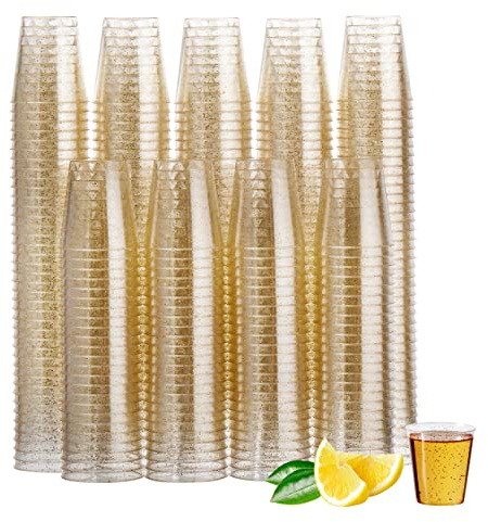 MATANA 300 Gold Glitter Clear Hard Plastic Shot Glasses, 30ml - Sturdy and Reusable - Jello and Tequila Shots, Sample Tasting Glasses - Birthdays, Weddings, Christmas, Parties