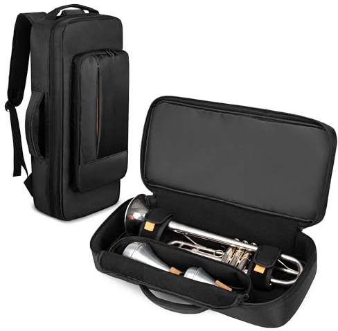LoDrid Trompeten Rucksack mit Separate Fach für 2 Dämpfer, 2 Trageweise | Tasche für Musikinstrument mit Dickem Baumwollfutter, Schwarz (Nur Tasche)