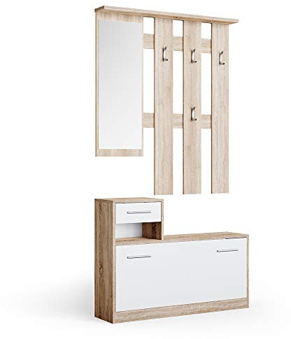 Vicco Garderobe Billy, Weiß/Sonoma, 25 x 191 cm | mit ausziehbarer Schublade und klappbarem Schuhregal