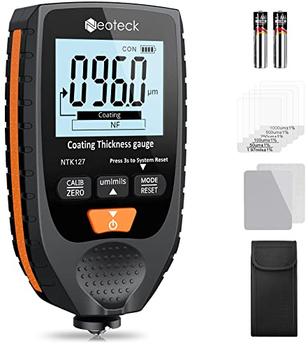 Neoteck Autolack Schichtdickenmessgerät Handheld mit LCD Display Hintergrundbeleuchtung, für Stahl- und Aluminium-Basismetallautos 0-1500μm （Schwarzorange）