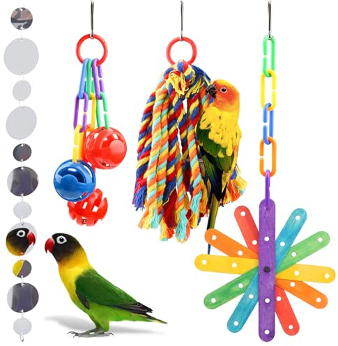 QUOZUO 4 Stück Vogelspielzeug, buntes Vogelkauen Wellensittich-Spielzeug, papageienspielzeug, Vogel Käfig-Hängespielzeug für Sittiche, Liebesvögel, Finken und andere kleine Haustiere