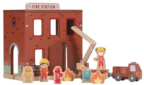 Little Dutch Feuerwache Feuerwehrstation Holz mit Feuerwehrauto, Spielfiguren und Zubehör Ergänzung zur Holzeisenbahn Schienen