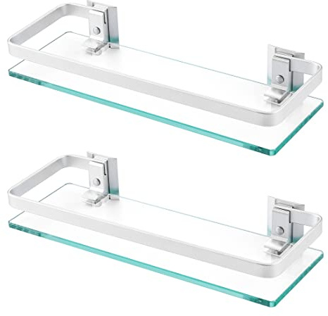 KES Duschablage Glas Duschregal Glasregal 8mm Ablage Bad Glasablage für Badezimmer Wandregal Badregal Halterung Wandmontage 2 Stück Aluminium Silber, A4126A-P2