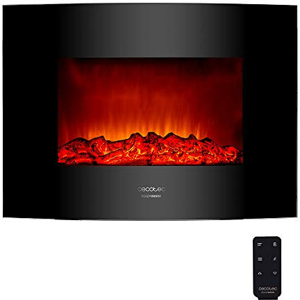 Cecotec Elektrischer Kaminofen mit Fernbedienung Ready Warm 2200 Curved Flames. 22, 2000 W mit 2 Leistungsstufen, Gekrümmte Anzeigetafel aus gehärtetem Glas, 2 LED-Lichter, 20 m2