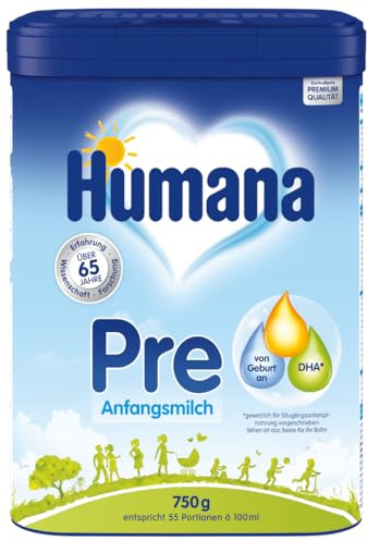 Humana Anfangsmilch Pre, von Geburt an, Milchpulver für Säuglingsmilch, zusätzlich zur Muttermilch oder als alleinige Pre Nahrung, Babynahrung mit DHA und nur Laktose, 750 g