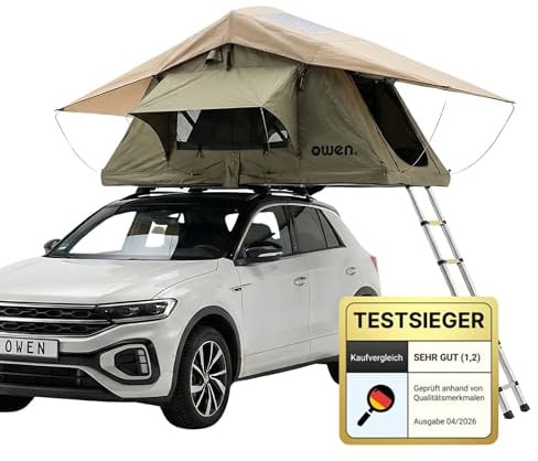 Owen Dachzelt Two Olivgrün | Autodachzelt für 2 Personen + 1 Kind | 140 x 240 cm Liegefläche | Wetterfest & robust | Inkl. Matratze & Leiter