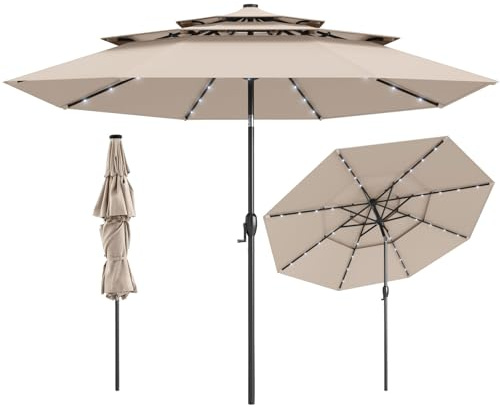 COSTWAY 300 cm Sonnenschirm mit LED-Solar-Beleuchtung, Gartenschirm windfest stabil, Terrassenschirm mit Kurbel, beidseitig um 35° knickbar, Balkonschirm, Marktschirm für Garten, Balkon (Beige)