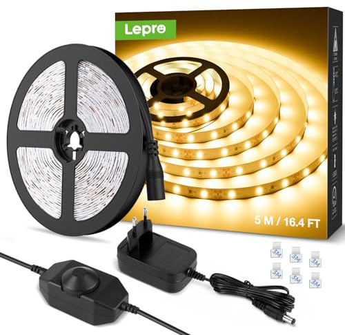 Lepro LED Strip 5M, Warmweiß 3000K Dimmbar, 300 LEDs, 12V Selbstklebend, IP20 Band, Flexible DIY Leiste, Lichtband Kette Mit Netzteil für Innen Küche Dekoration