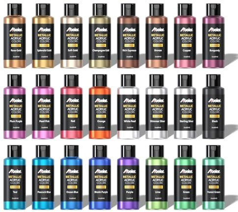 ABEIER Acrylfarben Metallic, 24 x 60ml Metallic-Farben in Flaschen | Reichhaltige Pigmente, schnell-trocknend, Nicht verblassend, ungiftige, für Künstler, Anfänger Malen auf Mehreren Oberflächen