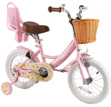 RULLY Fruit Kinderfahrrad für Mädchen (12/14/16 Zoll), geeignet für 2–7 Jahre, mit Stützrädern, Korb und Puppensitz