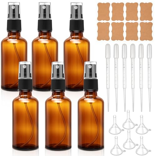 50ml Sprühflasche Braun Glas 6er Set Nachfüllbar mit Pipetten Trichter Etiketten Feinsprühflasche für ätherisches Öl Parfüm Kosmetik Aromatherapie Reise