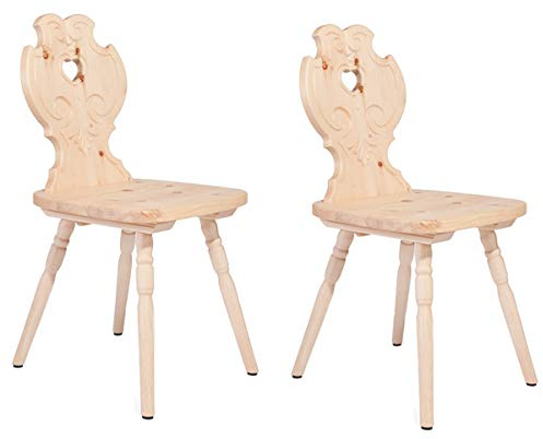 4betterdays 2er-Set Bauernstühle Zirbenholz verziert, Südtirol | Set, Zirbe unbehandelt, geschnitze Rückenlehne, traditionelles Handwerk, Sitzhöhe 45 cm, Massivholz, Herzausschnitt