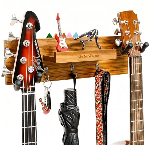 Gitarrenwandhalterung,Massivholz, Gitarrenwandaufhänger mit 3 Aufbewahrungshaken und 2 drehbaren Gummi Gitarrenaufhängern,Gitarrenständer mit Ablage und Plektrum Halter