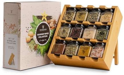 TILZ GEAR Gewürzset Holz Gewürzregal mit Gewürzen inklusive Freistehende Nachfüllung Kräuter-Gewürzmischung mit 12 Gewürzen zum Kochen Gewürzset Kleine Geschenke für Frauen