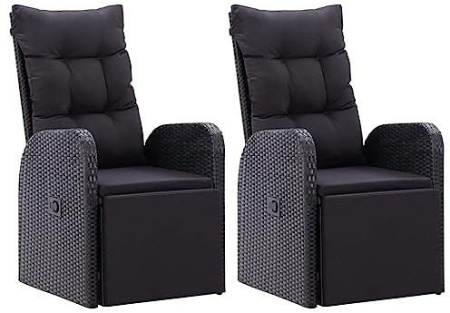 vidaXL Gartensessel 2 STK., Gartenstuhl mit Kissen Verstellbar, Stuhl mit Liegefunktion, Terrassenstuhl Gartenmöbel, Schwarz Poly Rattan