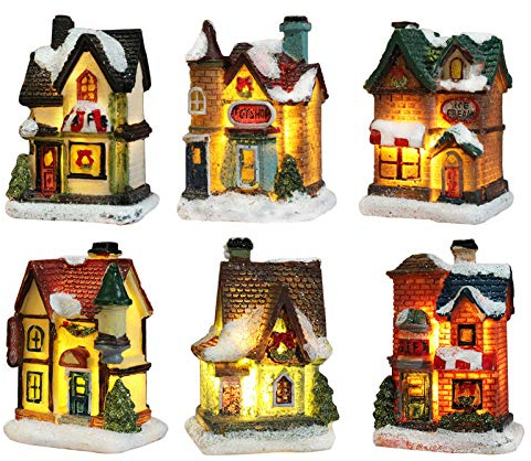 Weihnachtsdorf Mit Beleuchtung, Weihnachtslaterne Led, Weihnachtsdeko Amerikanisch, led weihnachtsdeko innen Fenster beleuchtet Weihnachten Basteln Haus Batteriebetrieben (6pc Set, 4 * 6.5 * 9cm)