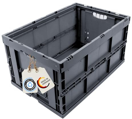 DieKlappbox – Klappbox stabil faltbar, Klappkiste groß 60L, Made in Germany, TÜV zert., Transportkiste klappbar, Faltbox mit Griff, 60x40x32 cm, Traglast bis 50kg, Grau