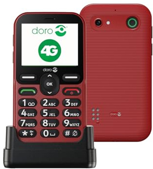 Doro - Hebel-Telefon E10 - Handy für Senioren - Horizontales Display, kontrastreiche Tasten, lauter und klarer Audio, HD Voice, Kamera, Secure Button - Ladestation - Rot