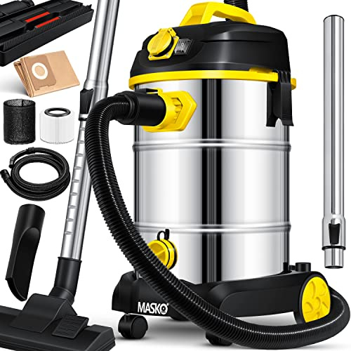 MASKO® Industriestaubsauger, Nass Trockensauger HEPA, 3 in 1 Filtersystem, 58 l/s Werkstattsauger mit Steckdose, 1800W, 30L, Industriesauger mit & ohne Beutel, Filter + Aufsätze, Push&Clean, Gelb