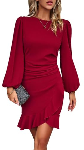 HUXRAKV Damen Elegante Businesskleider Langarm Bodycon Rüschen Puffärmel Einfarbige Abendkleider Vintage Formelles Kleid,WD21-Rot 1,M