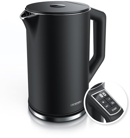 Arendo - Edelstahl Wasserkocher mit Temperatureinstellung 40-100 Grad in 5er Schritten - Doppelwand Design - Modell ELEGANT - 1,5 Liter - 2200 W - Teekocher mit Temperaturanzeige - GS - Schwarz