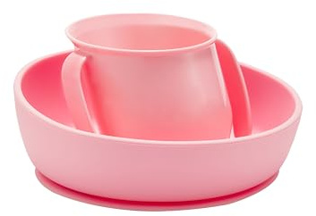 Doidy Cup & Bowl Kindergeschirrset - einzigartige geneigte Form mit einer Tasse zum Erlernen des Trinkens und einem Saugboden zum Befestigen der Schüssel - für Babys und Kleinkinder (Rosa)