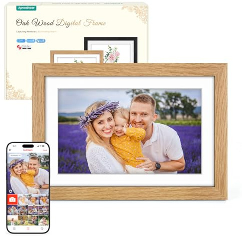 Digitaler Bilderrahmen Holz WLAN mit 32GB Speicher, 10.1 Zoll Elektronischer Bilderrahmen 1280*800 IPS Touchscreen, Fotos/Videos sofort über Frameo APP Teilen, Geschenke für Frauen Männer, Eichenholz