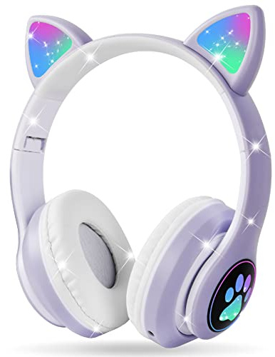 AXFEE Kinderkopfhörer Bluetooth, Katzenohr Over-Ear mit LED-Licht, Faltbar, Stereo, Kabellos mit Mikrofon, Micro SD/TF für Handy/Tablet/PC