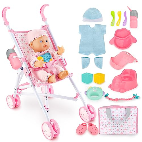 deAO Baby Puppen Spielset mit Puppenwagen, 2 Puppenkleidung und Zubehör | 33cm Spielpuppe, Interaktiv Puppe Trink- und Nässfunktion, Ankleidepuppe Kinderwagen Set Geschenkset für Kinder Mädchen