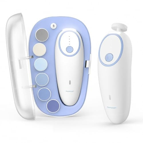 Momcozy Baby Nagelfeile Elektrisch, Sanfter Baby Nageltrimmer Elektrisch Wiederaufladbar, Baby Nagelknipser Elektrisch, 7 Schleifkopf Ersatzpads, Blau