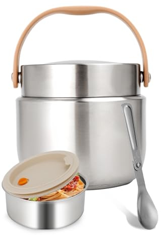 Otauoaea Thermobehälter für Essen 1200ml, Essensbehälter, Silber | Thermoschüssel mit Deckel, Faltbarer Löffel aus Edelstahl, Für Schule, Arbeit, Outdoor