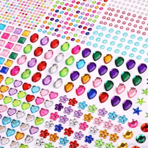 Glitzersteine Selbstklebend, 14 Blätter Bunt Strasssteine Gesicht, 3-14mm Glitzersteine zum Basteln Verschiedene Formen Glitzer Sticker für Kinder Handwerke Fotorahmen Grußkarten