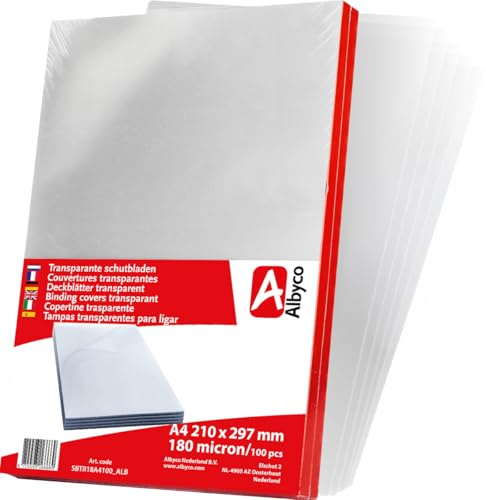 Albyco Klarsicht Einbanddeckel, Deckblatt, PVC Deckblätter, Klarsichtfolie - Transparent PVC, Format DIN A4, 210 x 297 mm, 0,18 mm/180 micron, Glänzend, pro 100 Stück