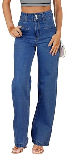 LuminBlaze Jeans Damen Weites Bein High Waist Stretch Wide Leg Jeans mit Doppelknopfverschluss – Vintage Loose Fit Denim