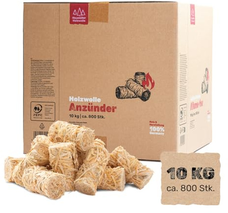 Heumüller Holzwolle 10 kg (ca. 800 Stück) Holzwolle-Anzünder Kaminanzünder | Öko-Anzünder aus Holzwolle & Wachs | Lange Brenndauer & geruchsneutral | Ideal für Kamin, Grill & Feuerstellen