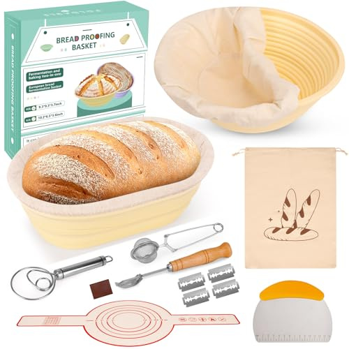 Brotgärkorb -Set- aus Silikon (23cm rund & 25cm oval) – Sauerteig-Gärkorb (inkl. Teigschaber, Rostmesser, Gärtuch & mehr) – faltbar, hygienisch & perfekt für Brotback-Anfänger & Profis (10PS)
