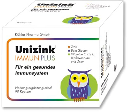 Unizink IMMUN PLUS – Nährstoff-Komplex mit Zink, Vitamin C, D3 und E sowie Selen, Bioflavonoiden und Beta-Glucan, unterstützt eine normale Funktion des Immunsystems, gluten- & laktosefrei, 90 St