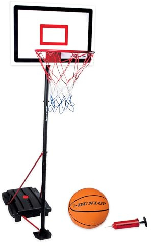 Dunlop Basketballkorb Set – Basketball Korb Höhenverstellbar: 165 - 205 cm – Basketballkörbe mit Basketballständer, Ball und Pumpe – Basketballkorb Outdoor mit Füllbarer Fussstand - Schwarz