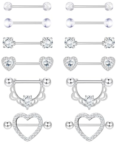 Diamday 6 Paare Nippelpiercing 316L Chirurgenstahl Brustwarzenpiercing 14G CZ Zungenpiercing Nipple Piercings für Damen Hypoallergen Herz Nipplerings Barbell Piercing Nipple Körperschmuck Set
