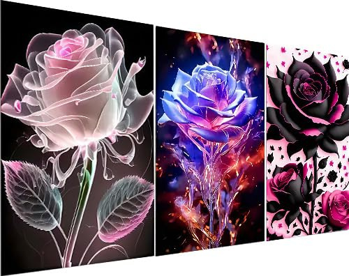 Gutluz 3er Pack Diamond Painting Erwachsene Blumen, 5D Diamant Painting Bilder Set, DIY Diamond Art Kits Blumenbilder, Bastelset für Erwachsene, Kreative Geschenke für Frauen