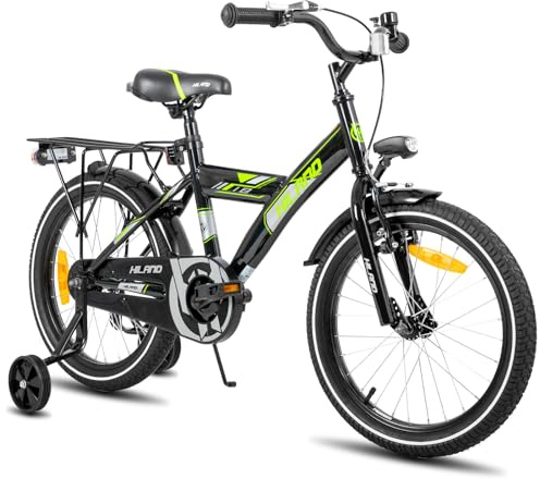 HILAND 18 Zoll Kinderfahrrad, StVZO, für Jungen Kinder ab 4,5,6 Jahren mit Rücksitz/Gepäckträger Stützräder Handbremse und Rücktrittbremse Schwarz