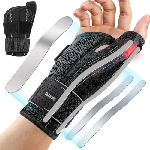 Rakiie Handgelenk- und Daumenbandage, Karpaltunnel-Handgelenkbandage für die, Daumenschiene mit 3 Metallschienen, Atmungsaktive Handbandage für Männer und Frauen (Grau, S/M, Rechte)