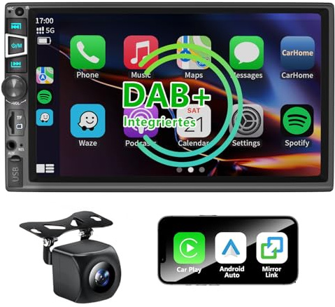 7 Zoll Doppel Din Autoradio mit drahtlosem CarPlay & Android Auto, Bluetooth, Full-Touch-Autoradio-Display FM, DAB+ und Mikrofonunterstützung Rückfahrkamera