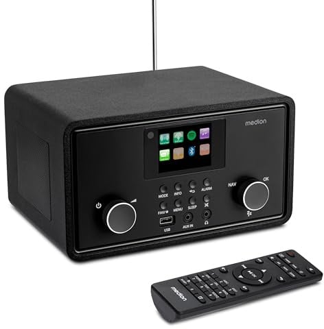 MEDION P85027 Internetradio (DAB Plus, UKW Radio, Spotify Connect, WLAN, Bluetooth, Streaming, Equalizer, Farbdisplay, USB, AUX, Wecker, Schlummerfunktion, Sleep Timer) schwarz