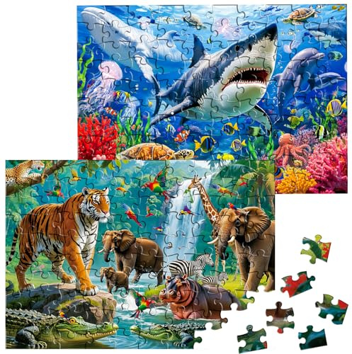 SITODIER 2 Sets 100PCS Unterwasserwelt und Forset Tiere Puzzles für Kinder Jungen Gilrs 3 4 5 6 7 Jahre alt, Pädagogisches Lernspielzeug Geburtstagsgeschenke